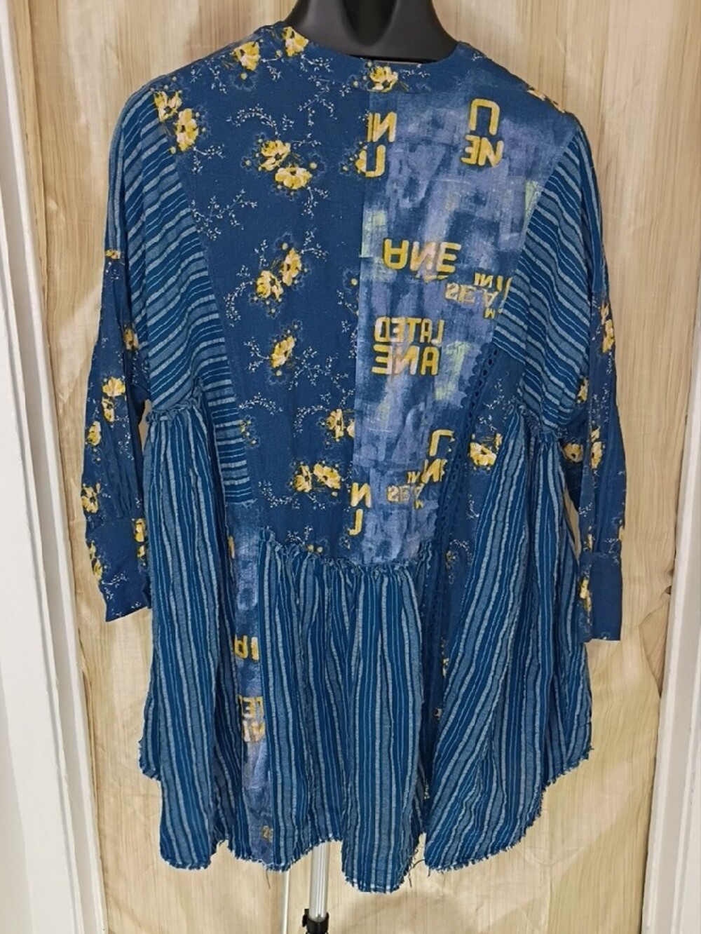 Free People Blue Striped & Floral Patchwork Long Sleeve Dress - Picture 2 of 4